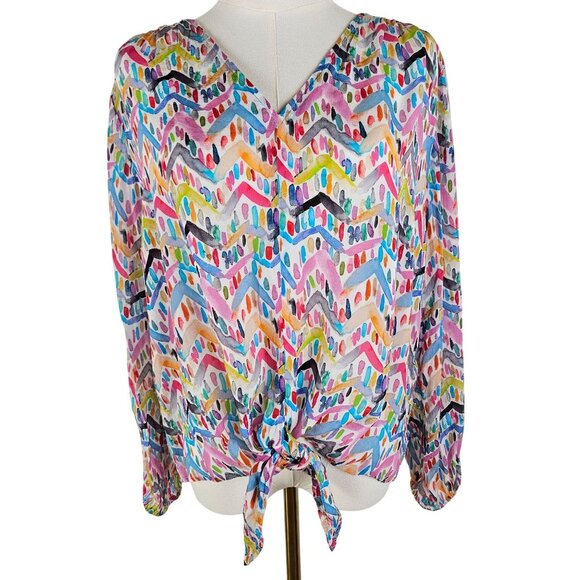 APNY Blouse Silk Blend Multicolor Artsy Print Long Sleeve Medium - Picture 1 of 10